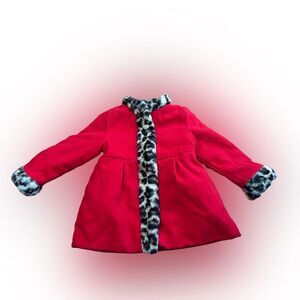 Toddler Girls London Fog Red Winter Pea Coat Faux Animal Fur